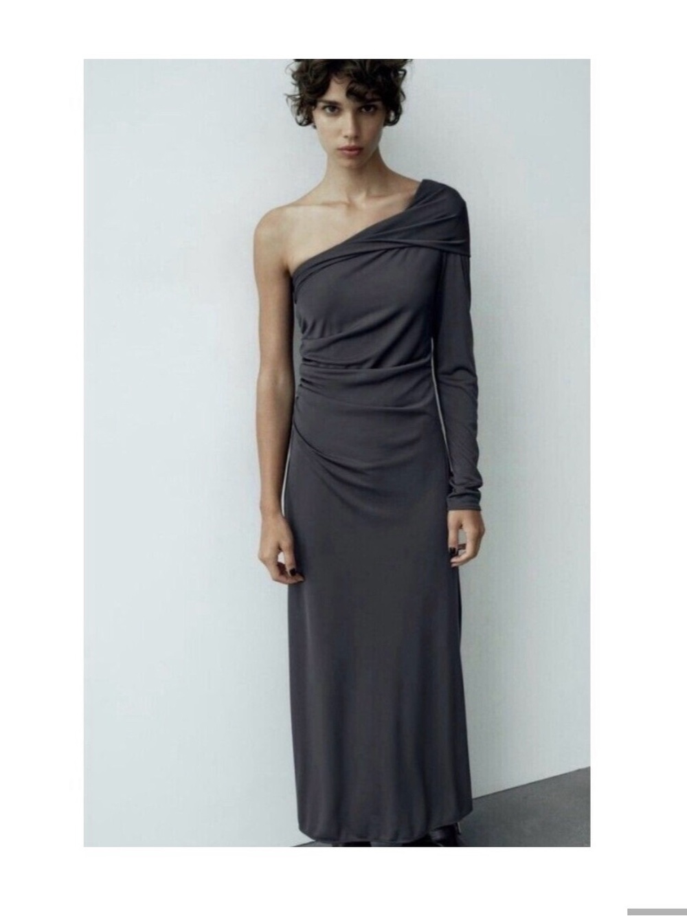 Zara One-Shoulder Midi Dress in Charcoal Gray